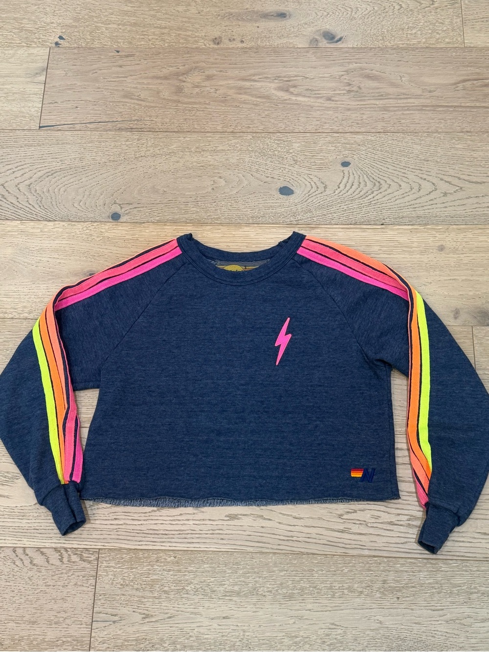 Aviator Nation Navy Sweatshirt with Neon Pink, Orange & Yellow Stripes